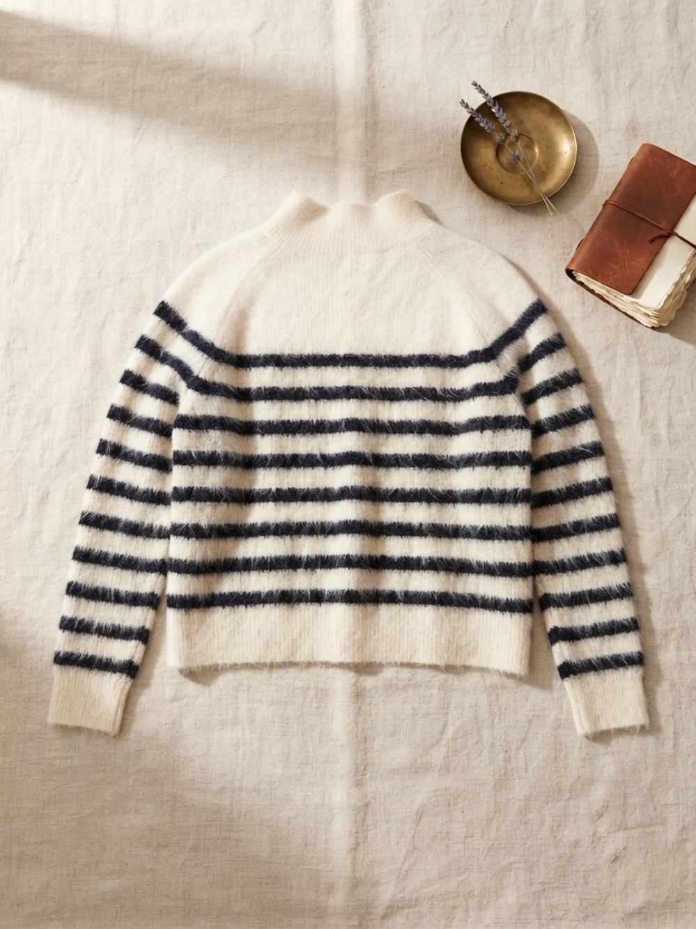 Sézane Striped Mohair Blend High Neck Button Shoulder Sweater Size L - Picture 2 of 10